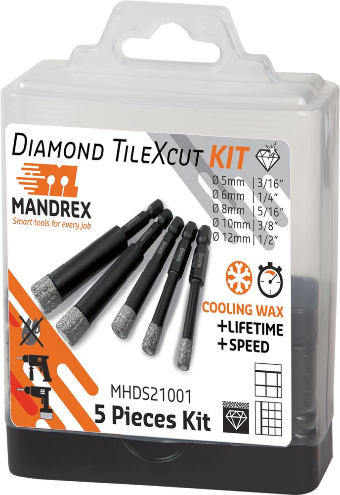 Diamant Zentrierbohr. SetTileXCut 5tlg. D5,6,8,10,12mm Mandrex