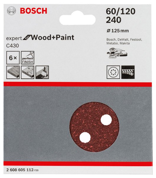 Schleifblatt C430, 125 mm, 60, 120, 240, 8 Löcher, Klett, 6er-Pack