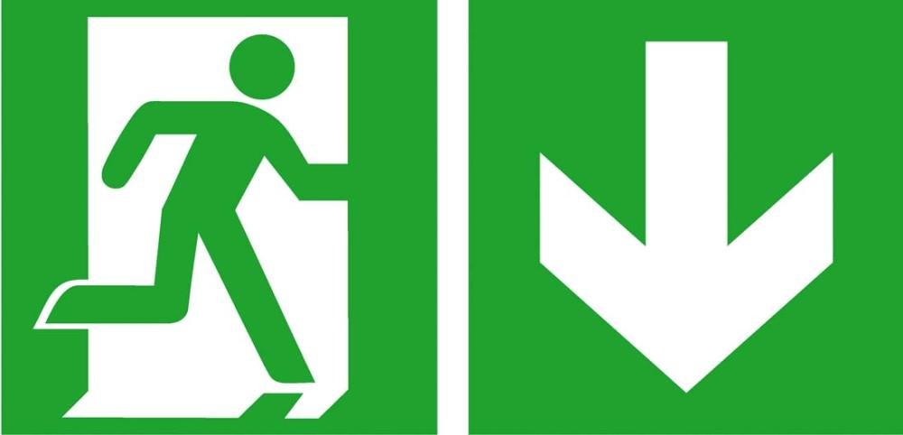 Fluchtwegschild Alu B300xH150 mm Notausgang rechts mit Pfeil abwärts langnachleuchtend