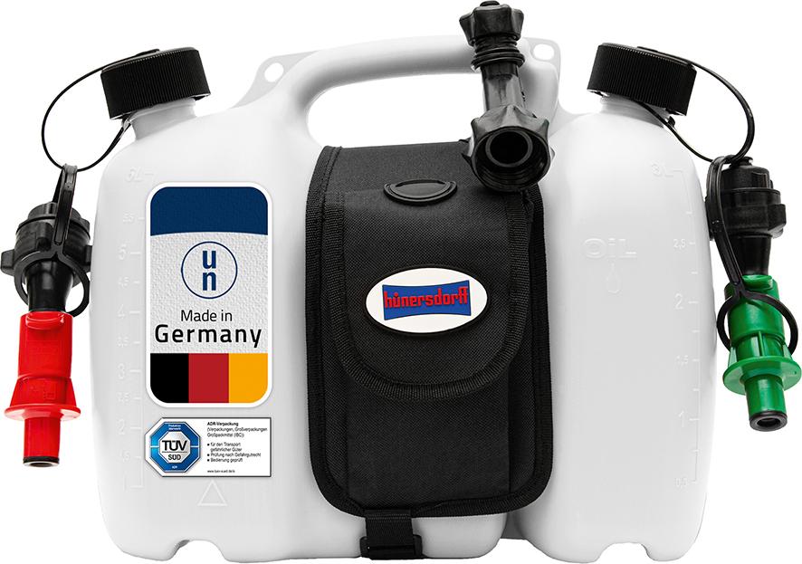 Doppelkanister PROFI 6+3lHD-PE, natur mit Satteltasche & Einfüllsysteme
